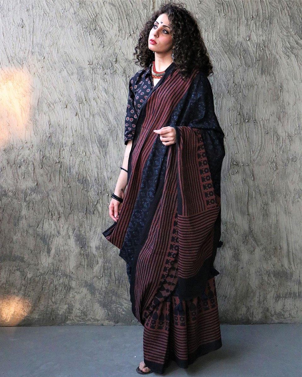 Kashton Hand Blockprinted Cotton Saree- Kohl - Image 2