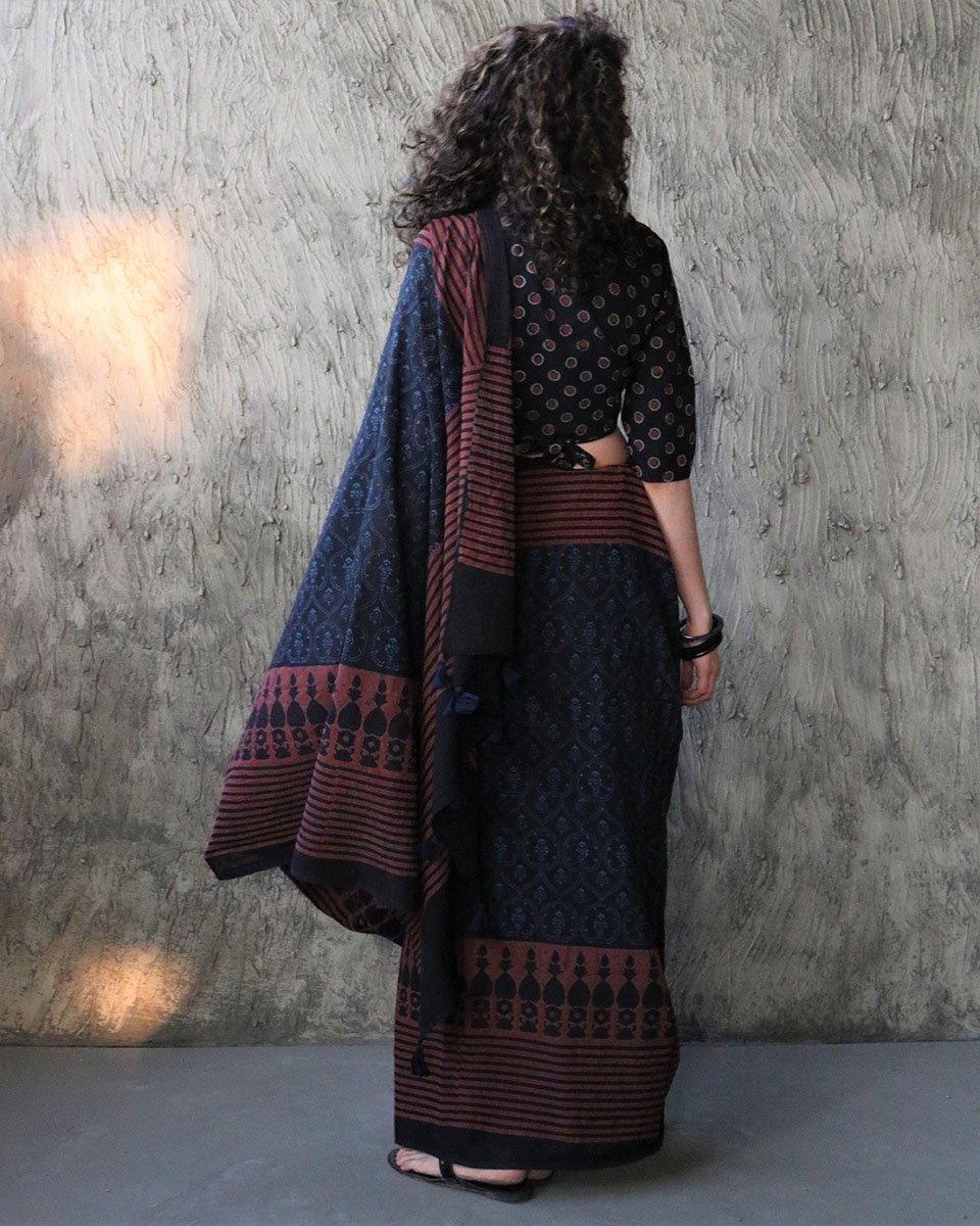 Kashton Hand Blockprinted Cotton Saree- Kohl - Image 5