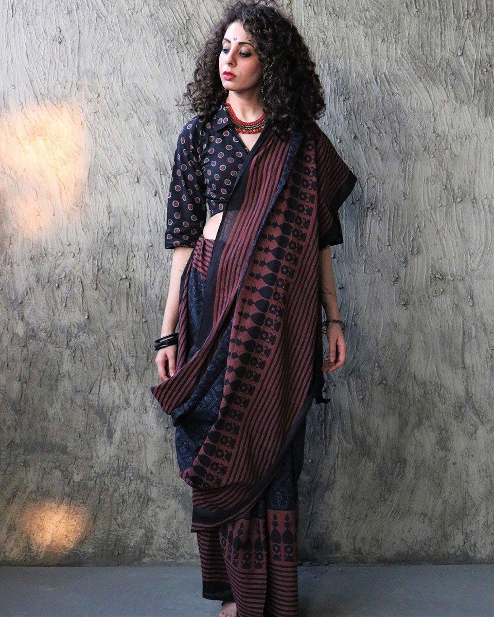 Kashton Hand Blockprinted Cotton Saree- Kohl - Image 7