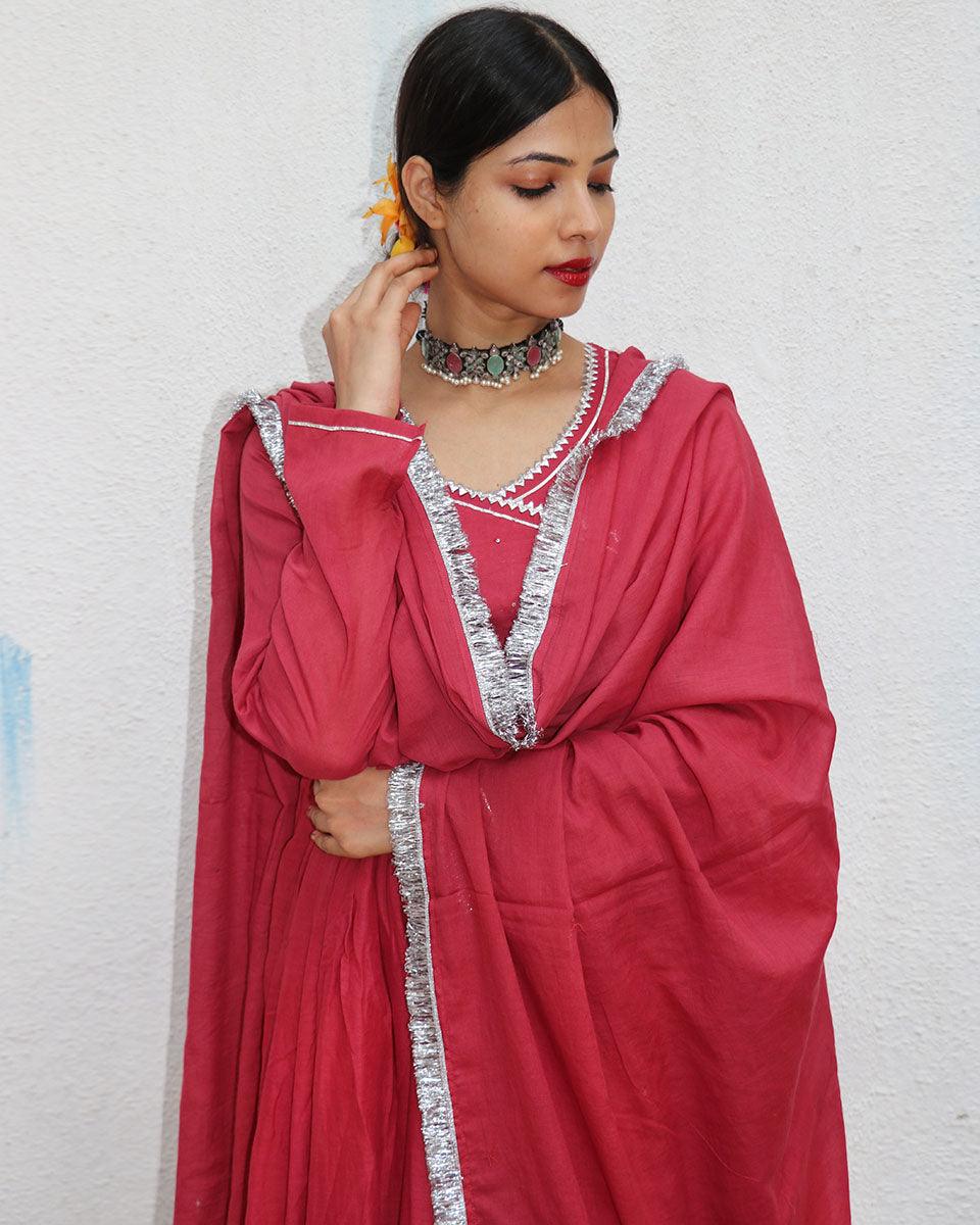 Kusum Crimson Mulmul Cotton Kurta Set with Dupatta Set of 3 - Jugnoo - Image 3