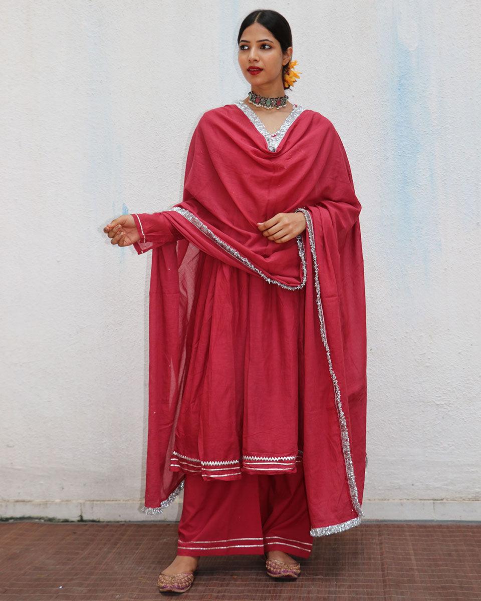Kusum Crimson Mulmul Cotton Kurta Set with Dupatta Set of 3 - Jugnoo - Image 4