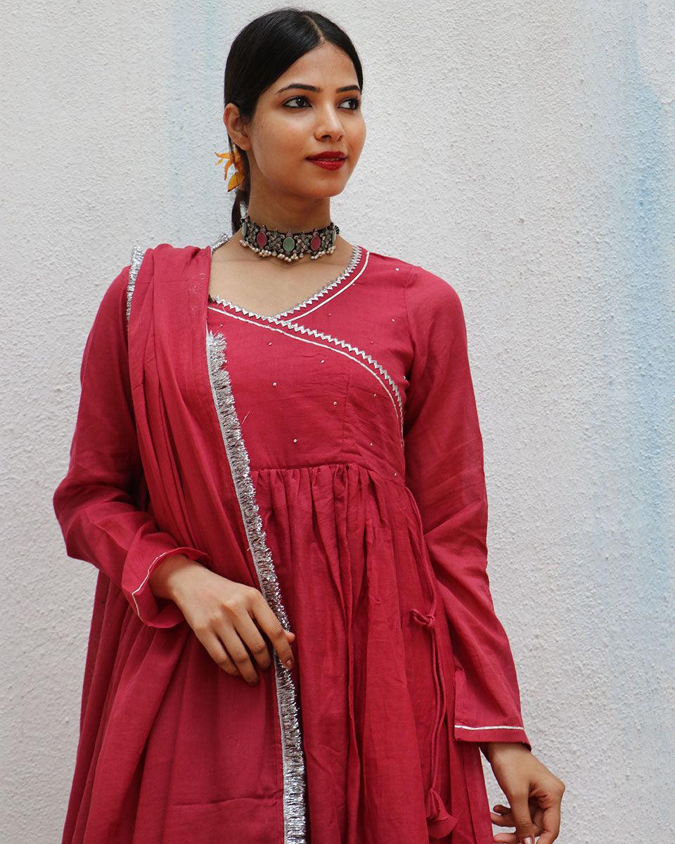 Kusum Crimson Mulmul Cotton Kurta Set with Dupatta Set of 3 - Jugnoo - Image 5