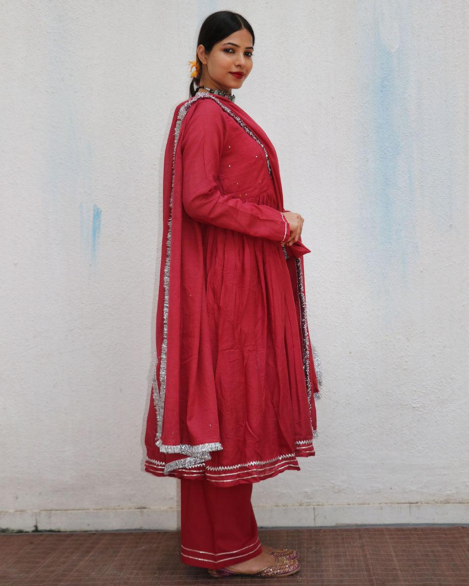 Kusum Crimson Mulmul Cotton Kurta Set with Dupatta Set of 3 - Jugnoo - Image 6