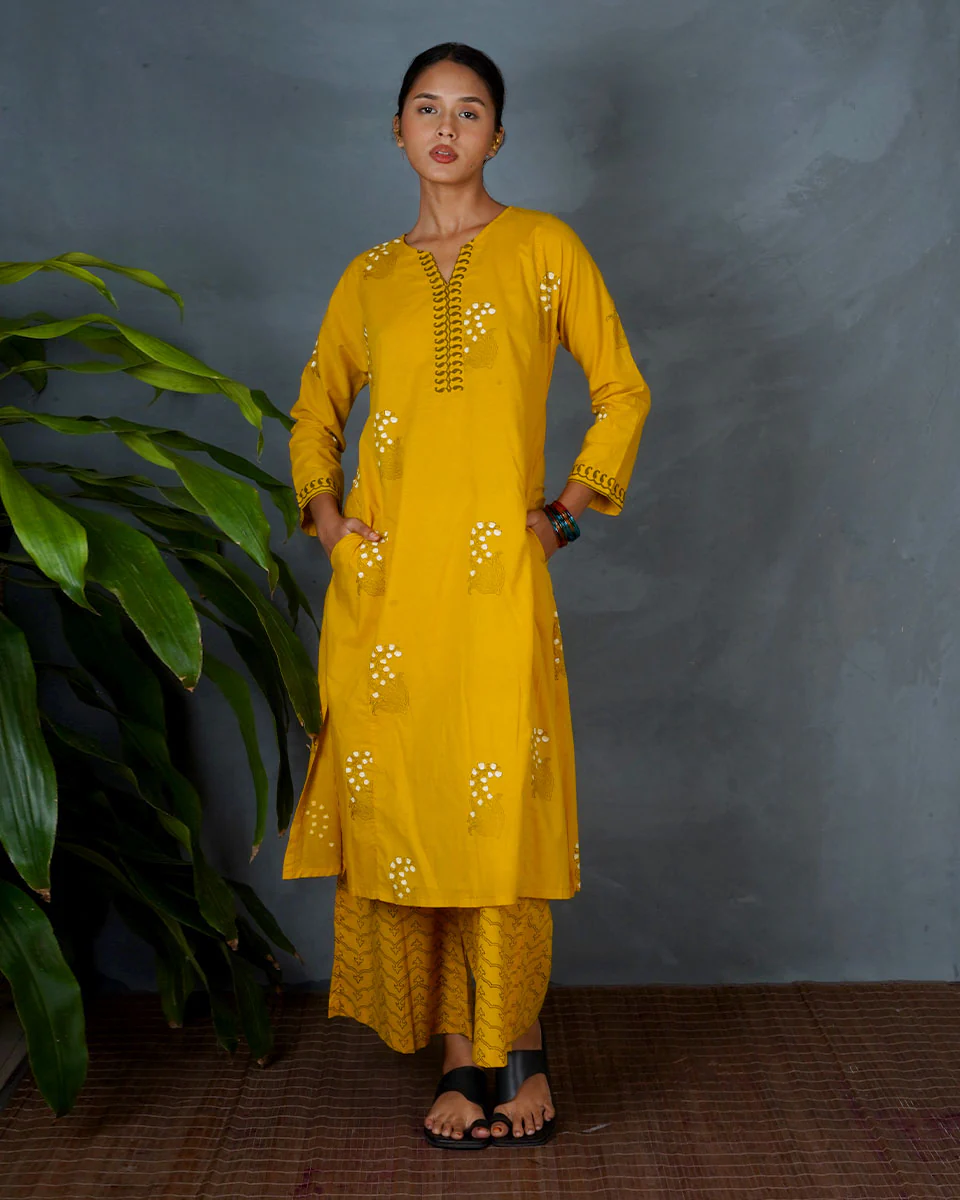 Kyra Yellow Hand Block Printed Cotton Kurta-MYA - Image 2