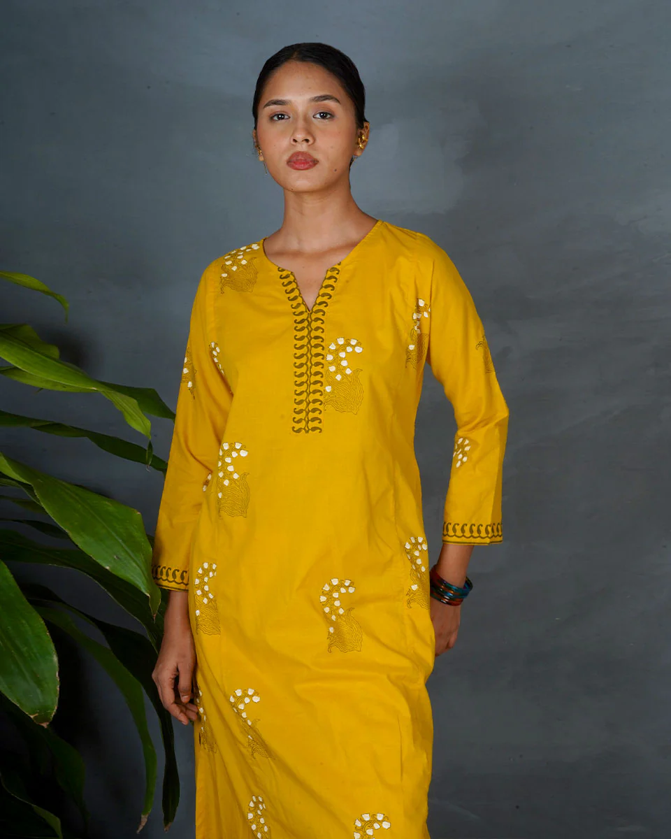 Kyra Yellow Hand Block Printed Cotton Kurta-MYA - Image 6