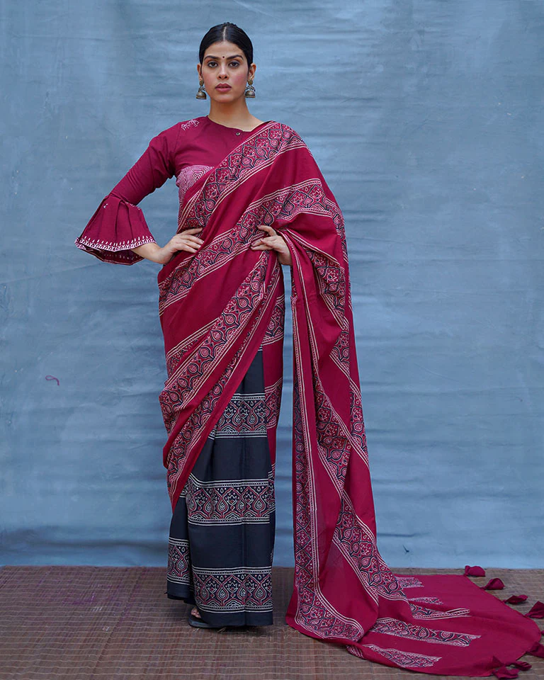 Labanya Maroon Handblock Printed Cotton Saree - Soil - Image 4