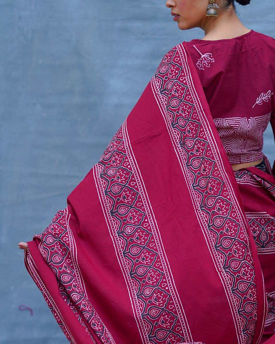 Labanya Maroon Handblock Printed Cotton Saree - Soil - Image 5