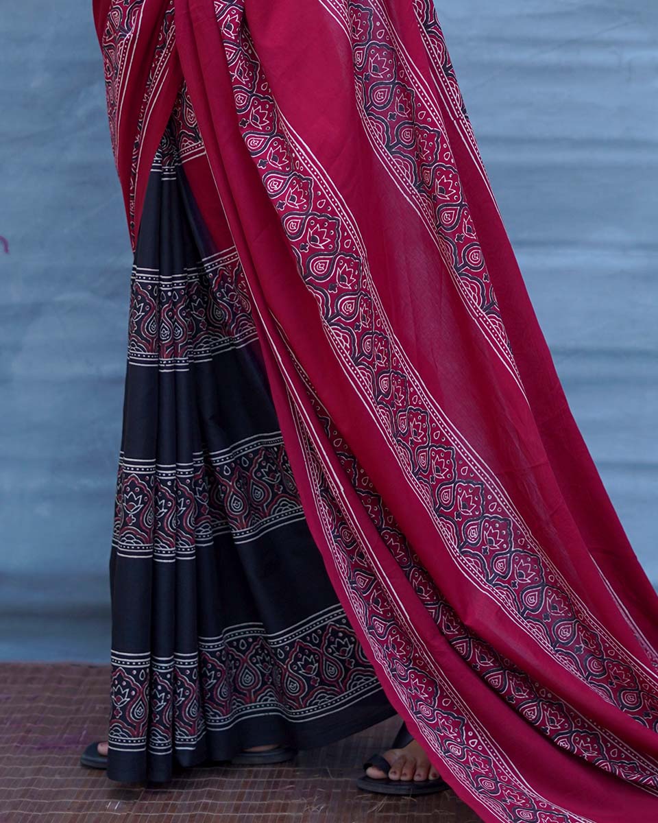 Labanya Maroon Handblock Printed Cotton Saree - Soil - Image 6