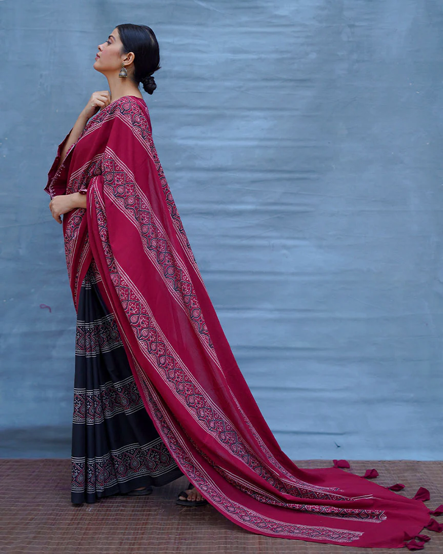 Labanya Maroon Handblock Printed Cotton Saree - Soil - Image 8
