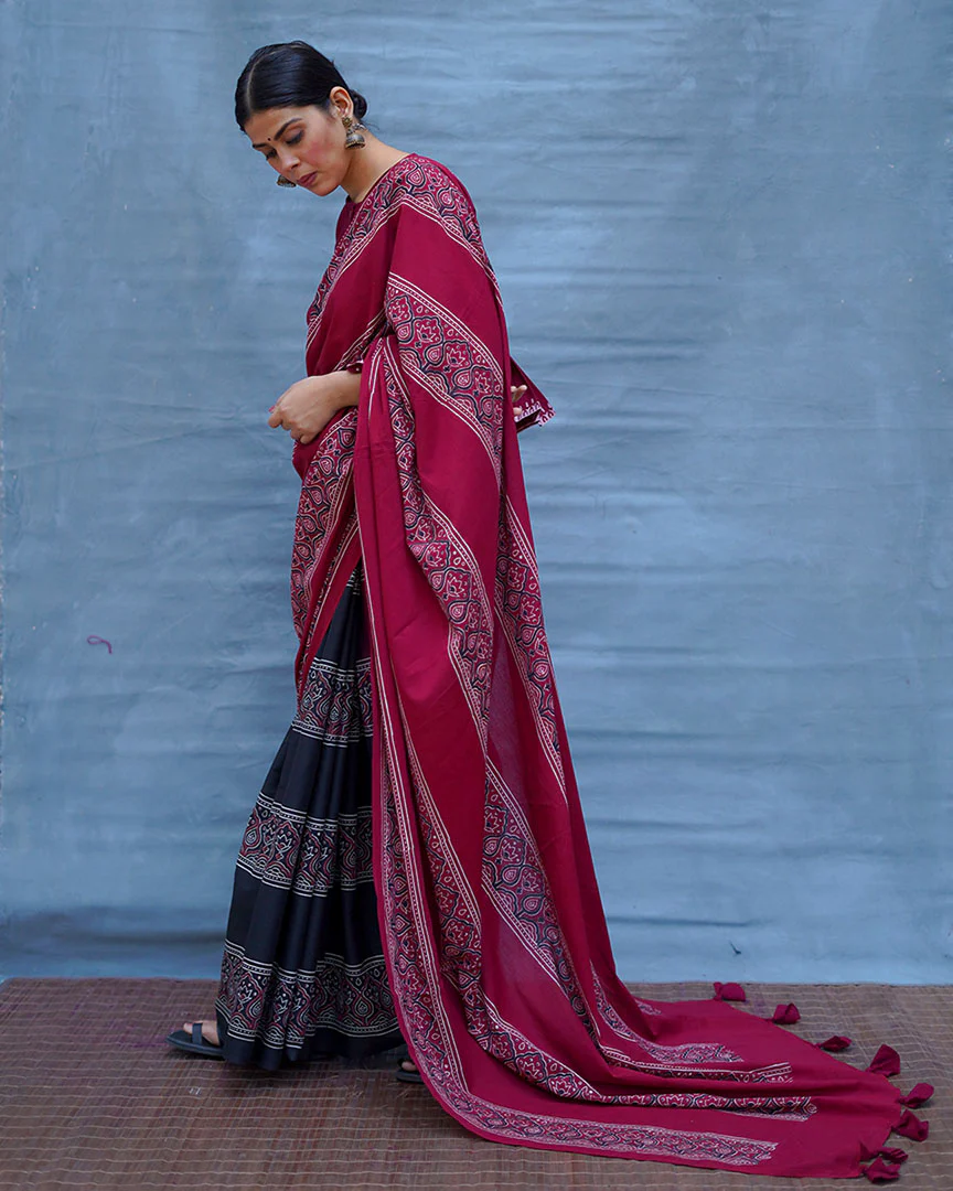 Labanya Maroon Handblock Printed Cotton Saree - Soil - Image 9