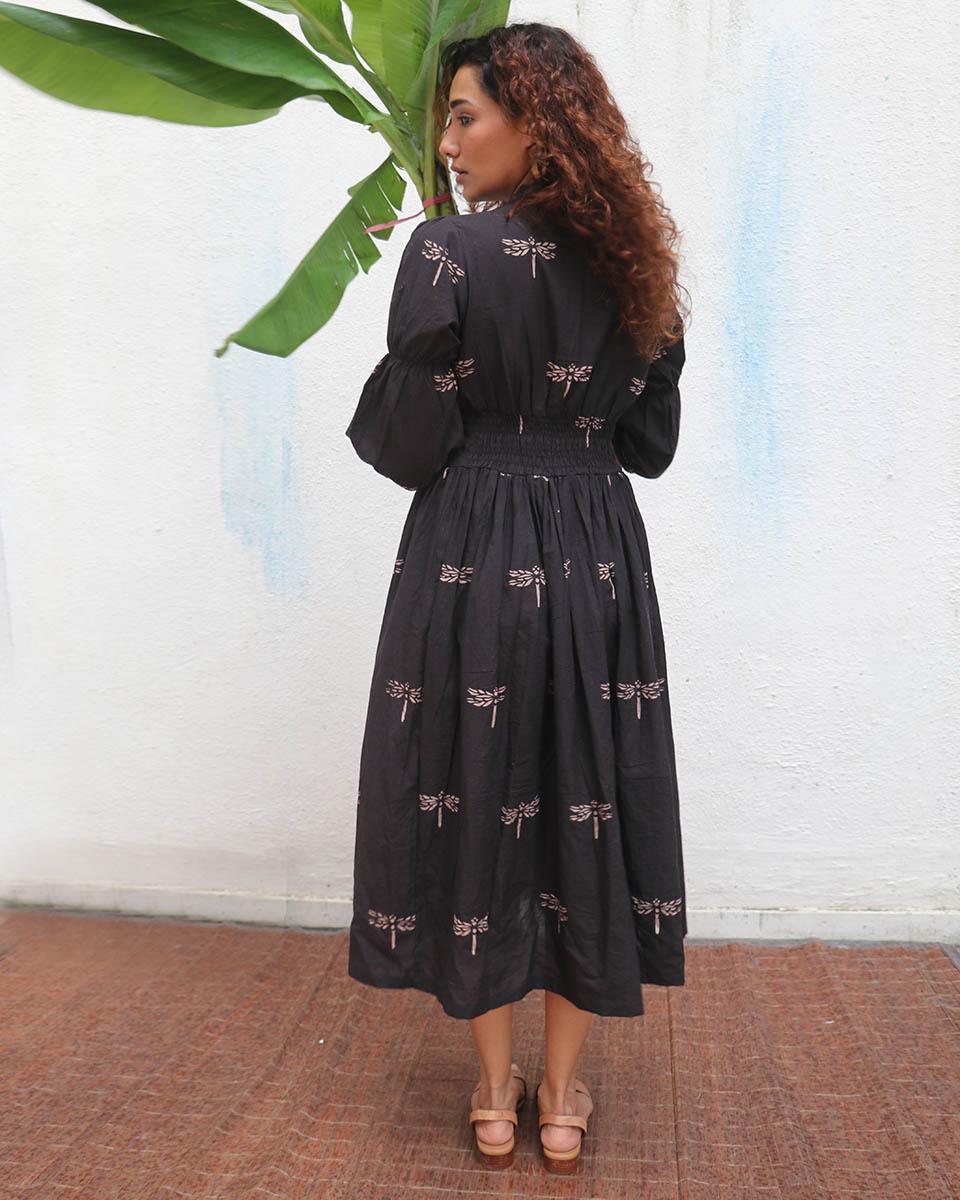 Laid Black Hand block Printed Cotton Dress - Mono - Image 6