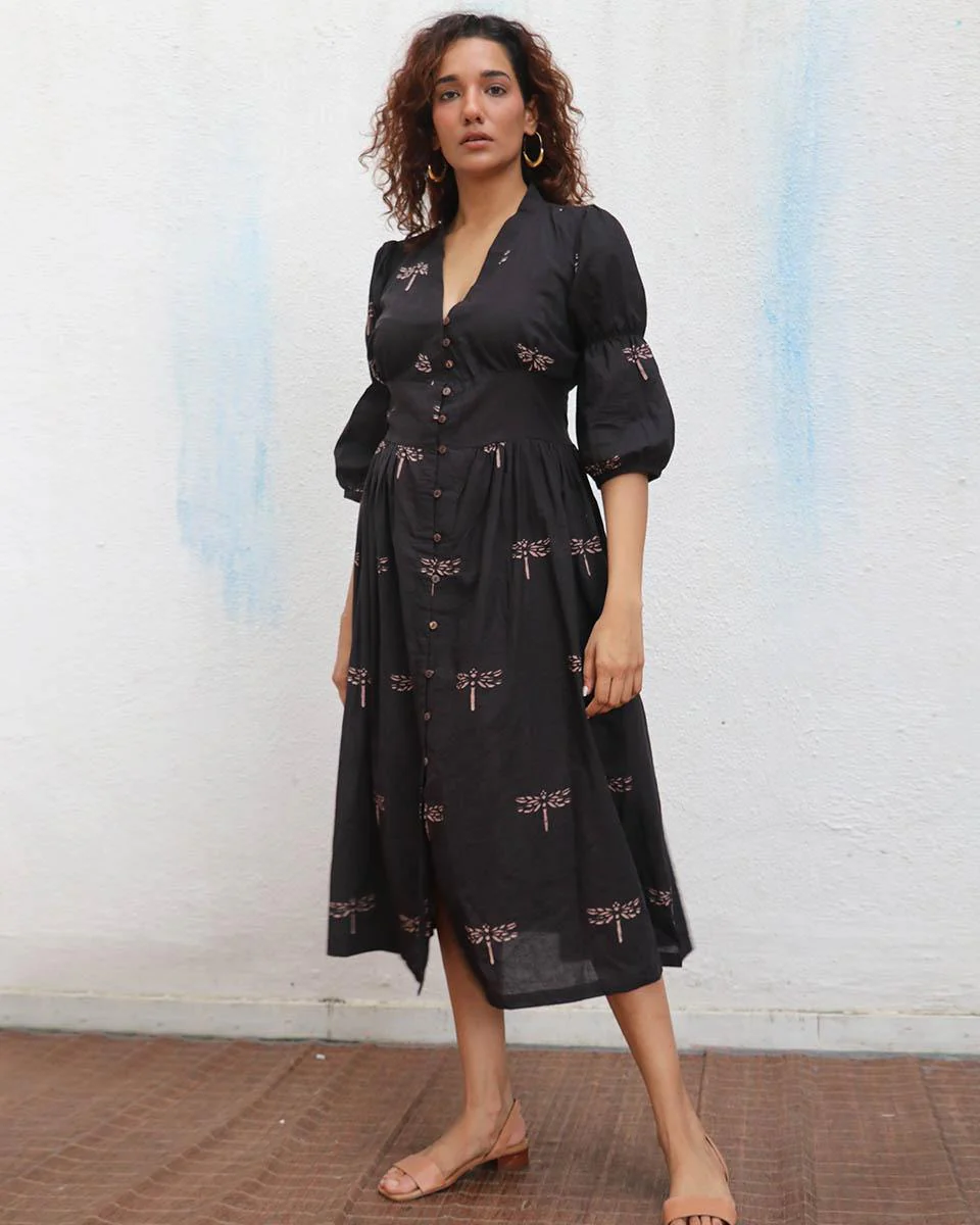 Laid Black Hand block Printed Cotton Dress - Mono - Image 8