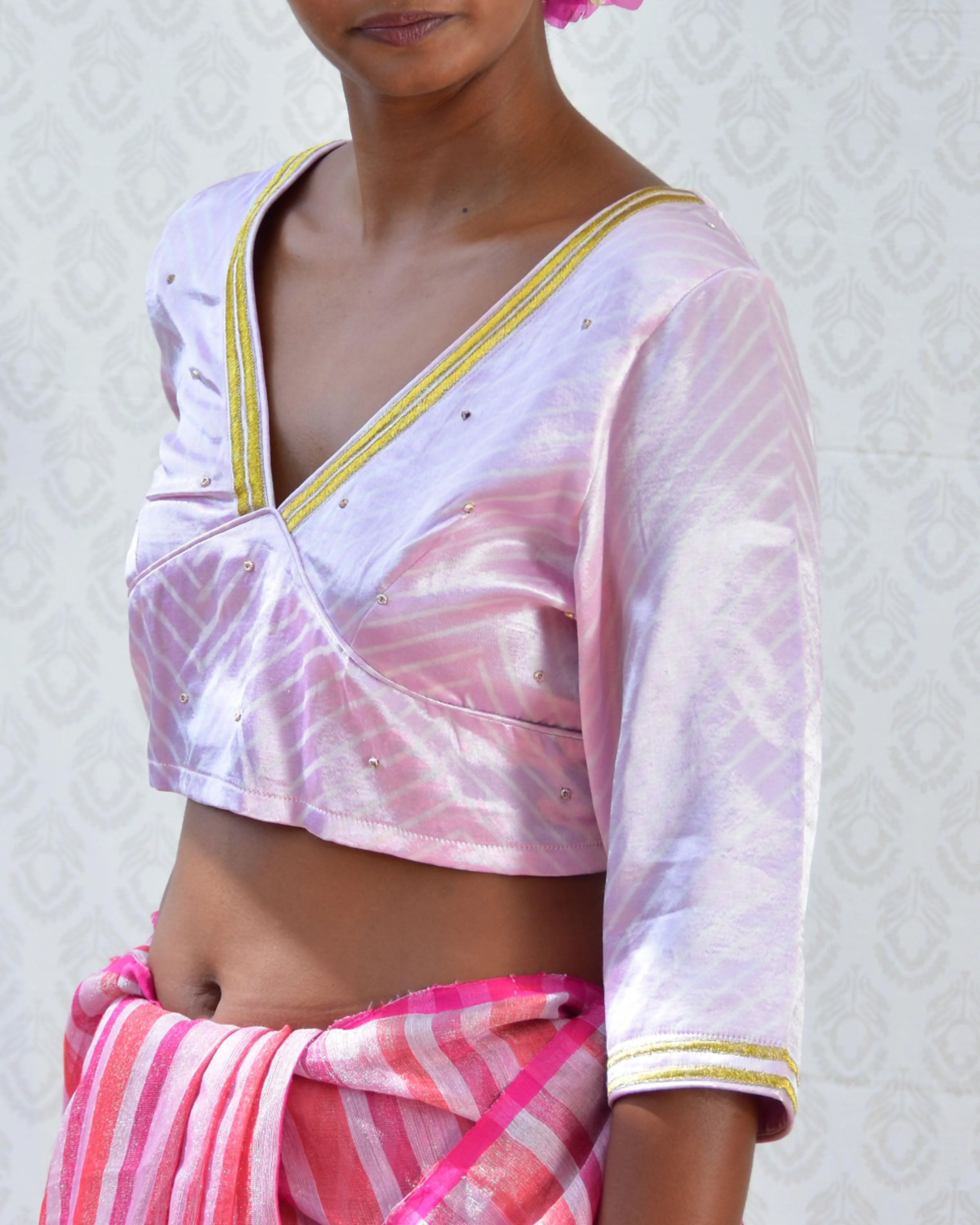 Lavender Sip Handblockprinted Mashru Silk Blouse - Bgvl - Image 5