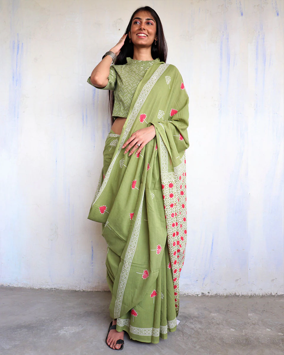 Aaina Handblockprinted Cotton Saree - Ajooni - Image 2