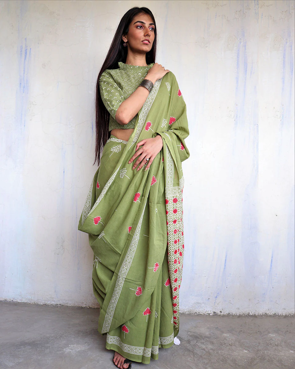 Aaina Handblockprinted Cotton Saree - Ajooni - Image 5