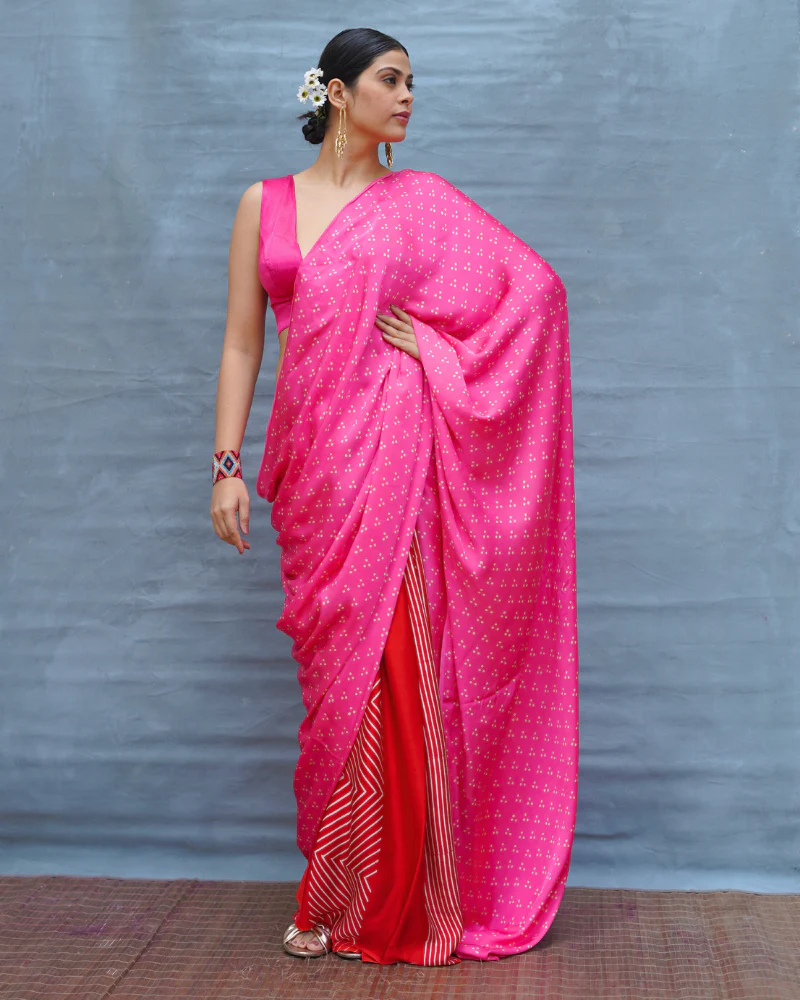 Light Sway Pink With Red Handblock Print Modal Silk Saree - Flow - Image 10