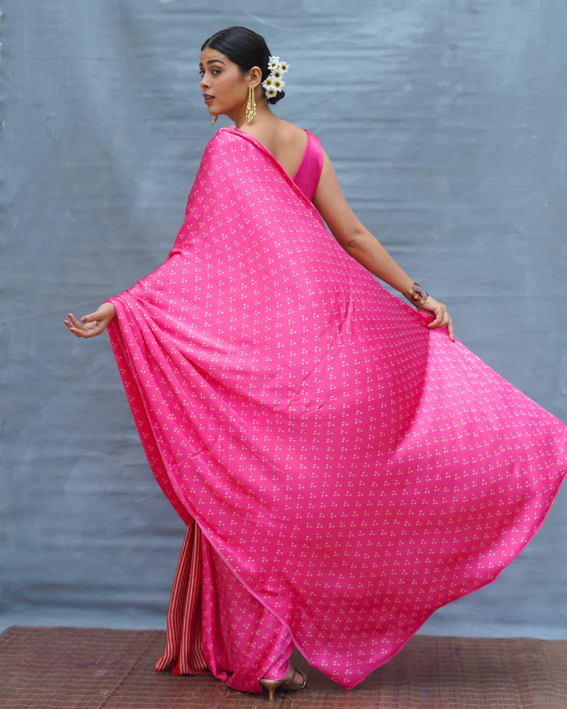 Light Sway Pink With Red Handblock Print Modal Silk Saree - Flow - Image 4