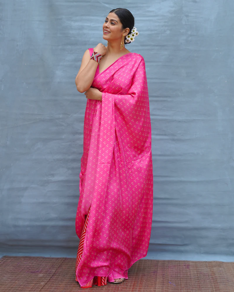 Light Sway Pink With Red Handblock Print Modal Silk Saree - Flow - Image 5