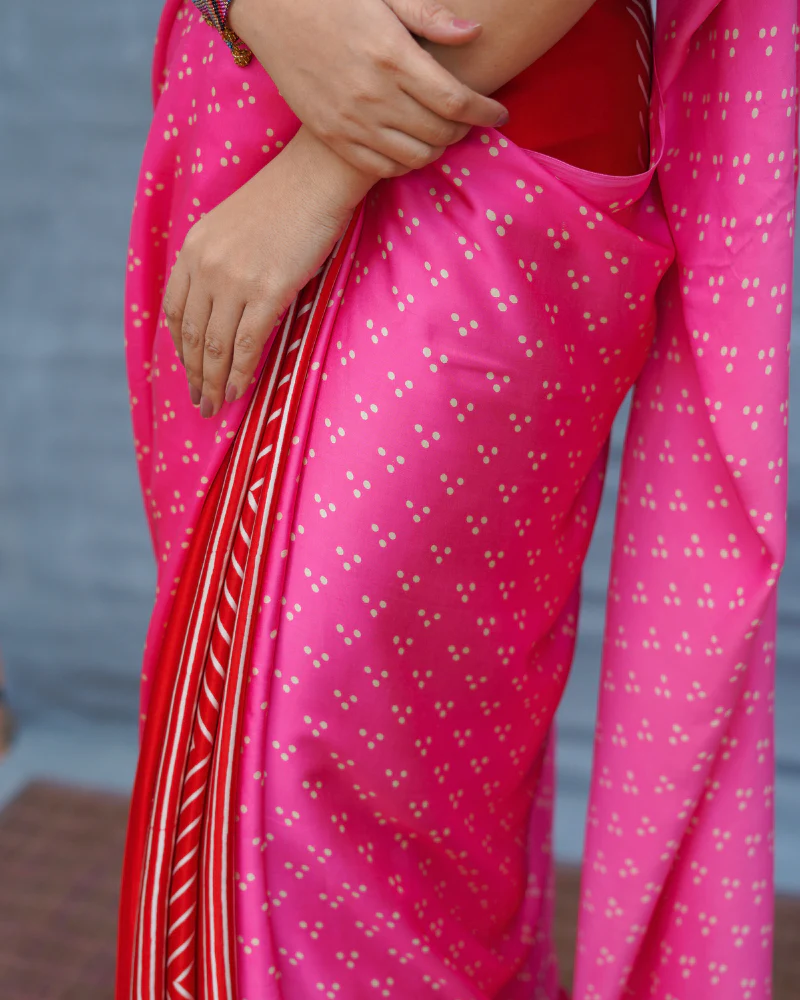 Light Sway Pink With Red Handblock Print Modal Silk Saree - Flow - Image 7