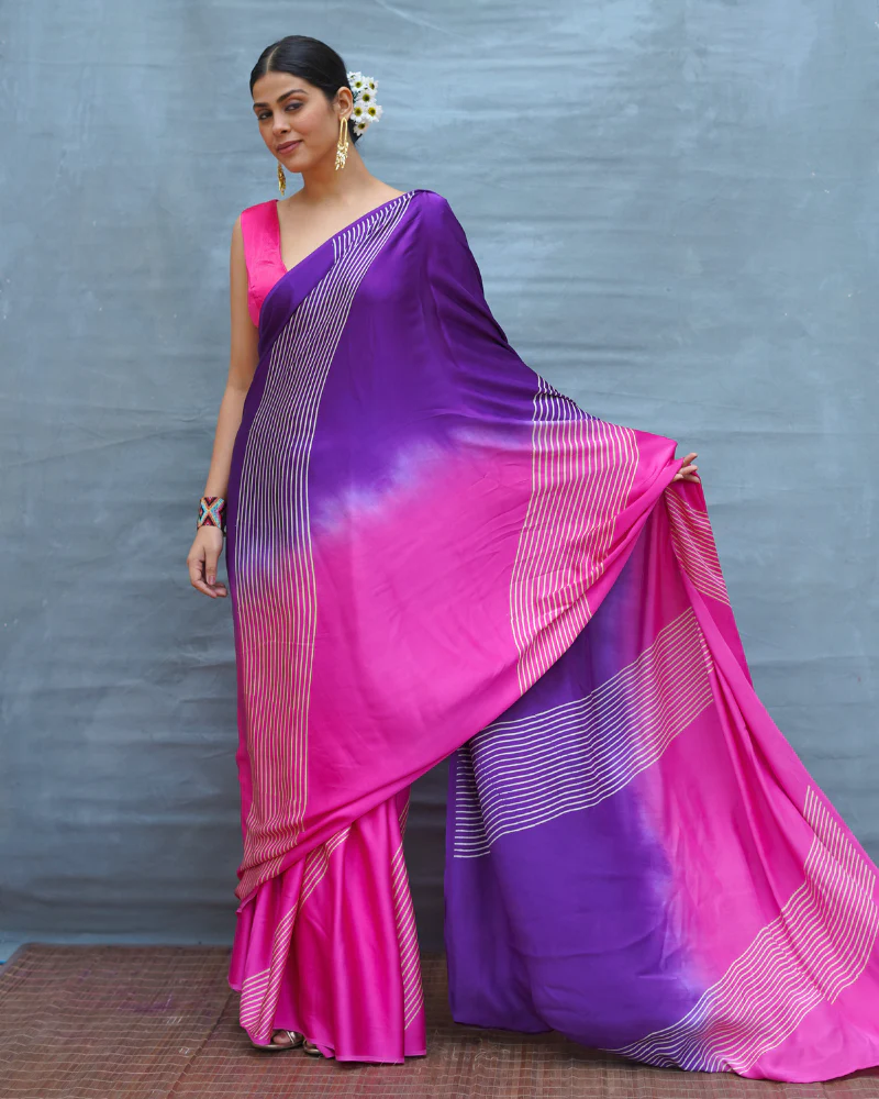 Loose Grace Pink With Purple Handblock Print Modal Silk Saree - Flow - Image 10