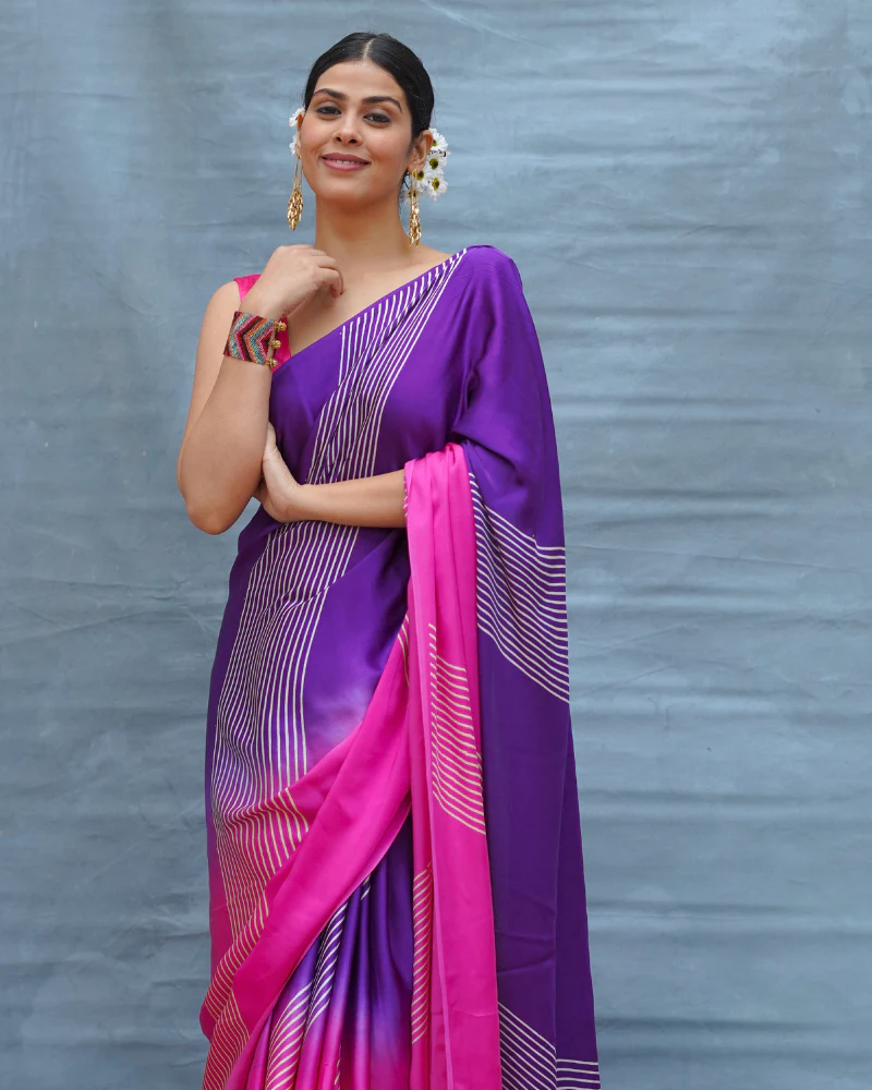 Loose Grace Pink With Purple Handblock Print Modal Silk Saree - Flow - Image 2