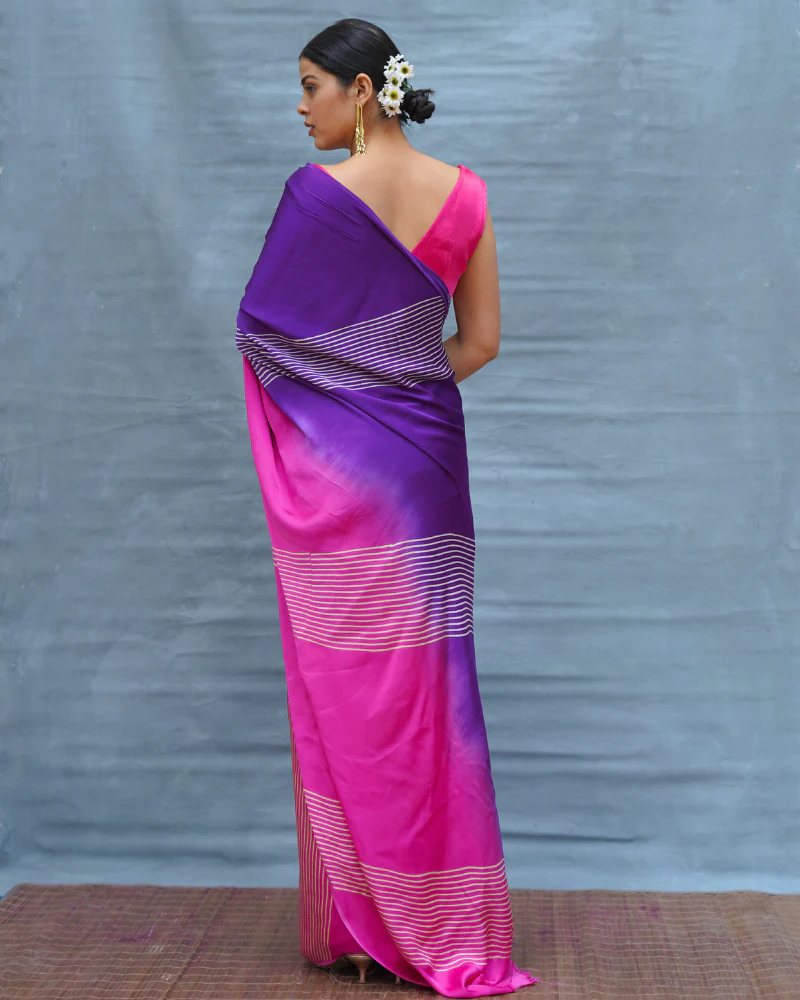 Loose Grace Pink With Purple Handblock Print Modal Silk Saree - Flow - Image 4