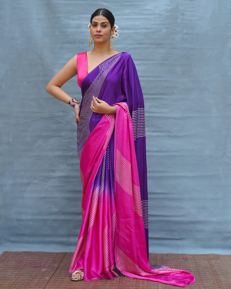 Loose Grace Pink With Purple Handblock Print Modal Silk Saree - Flow - Image 5