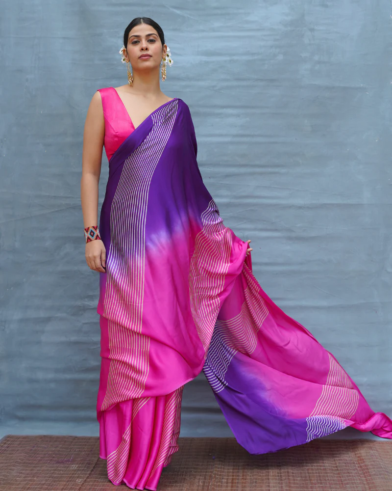 Loose Grace Pink With Purple Handblock Print Modal Silk Saree - Flow - Image 8