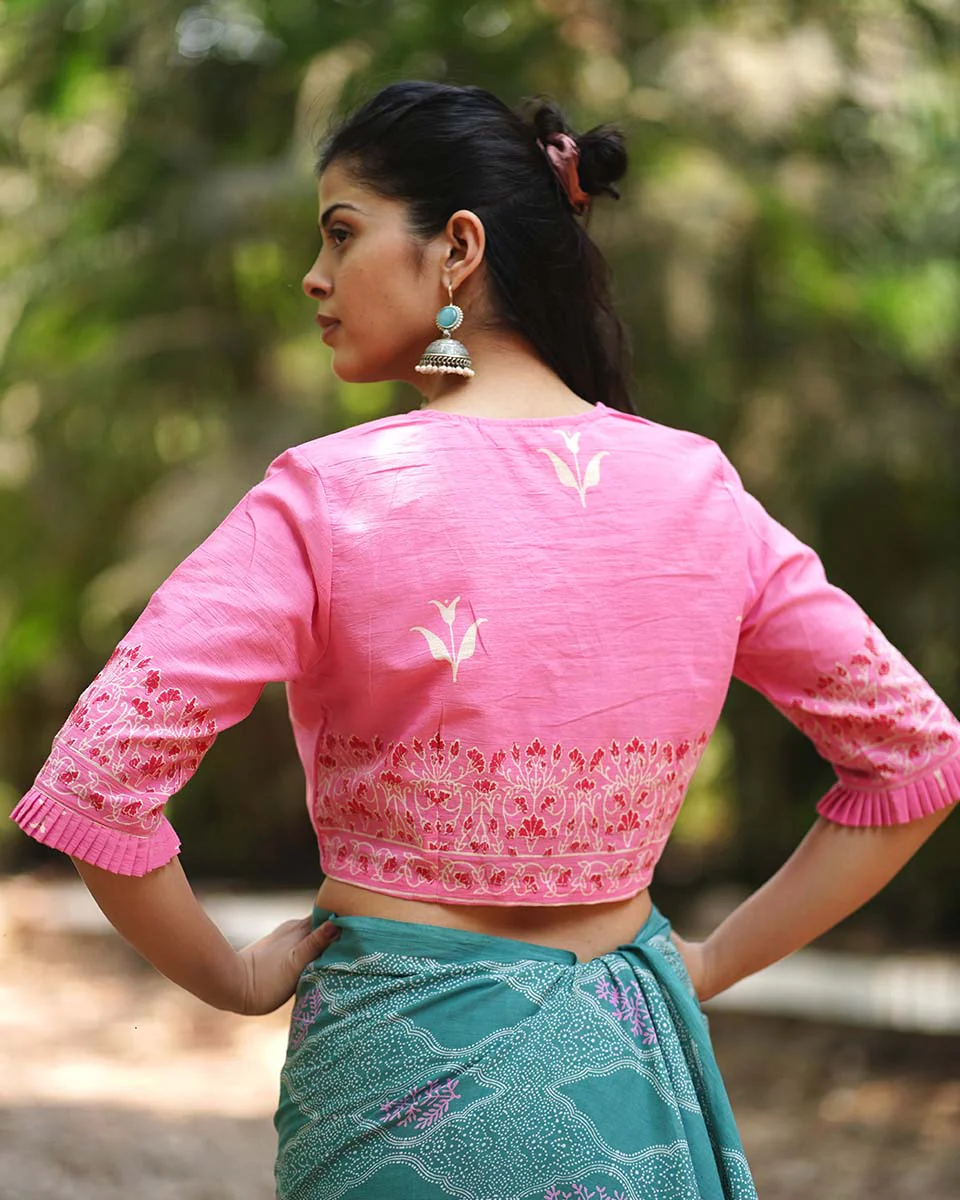 Lovely Lilacs Pink Handblock Printed Blouse - MMG - Image 4