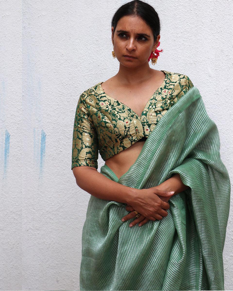 Lush Green Handwoven Linen Zari Saree - TOG - Image 6