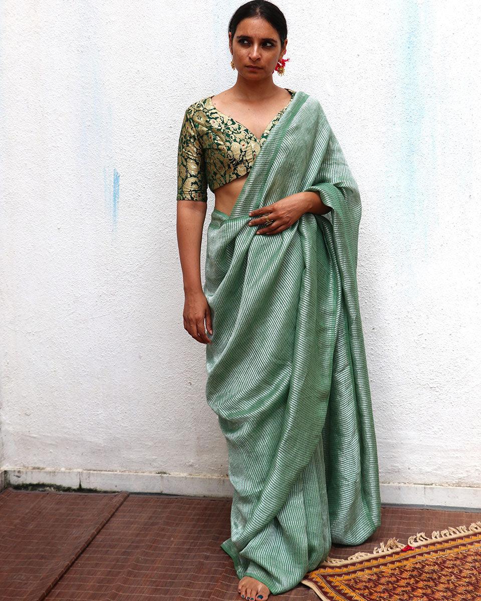 Lush Green Handwoven Linen Zari Saree - TOG - Image 7