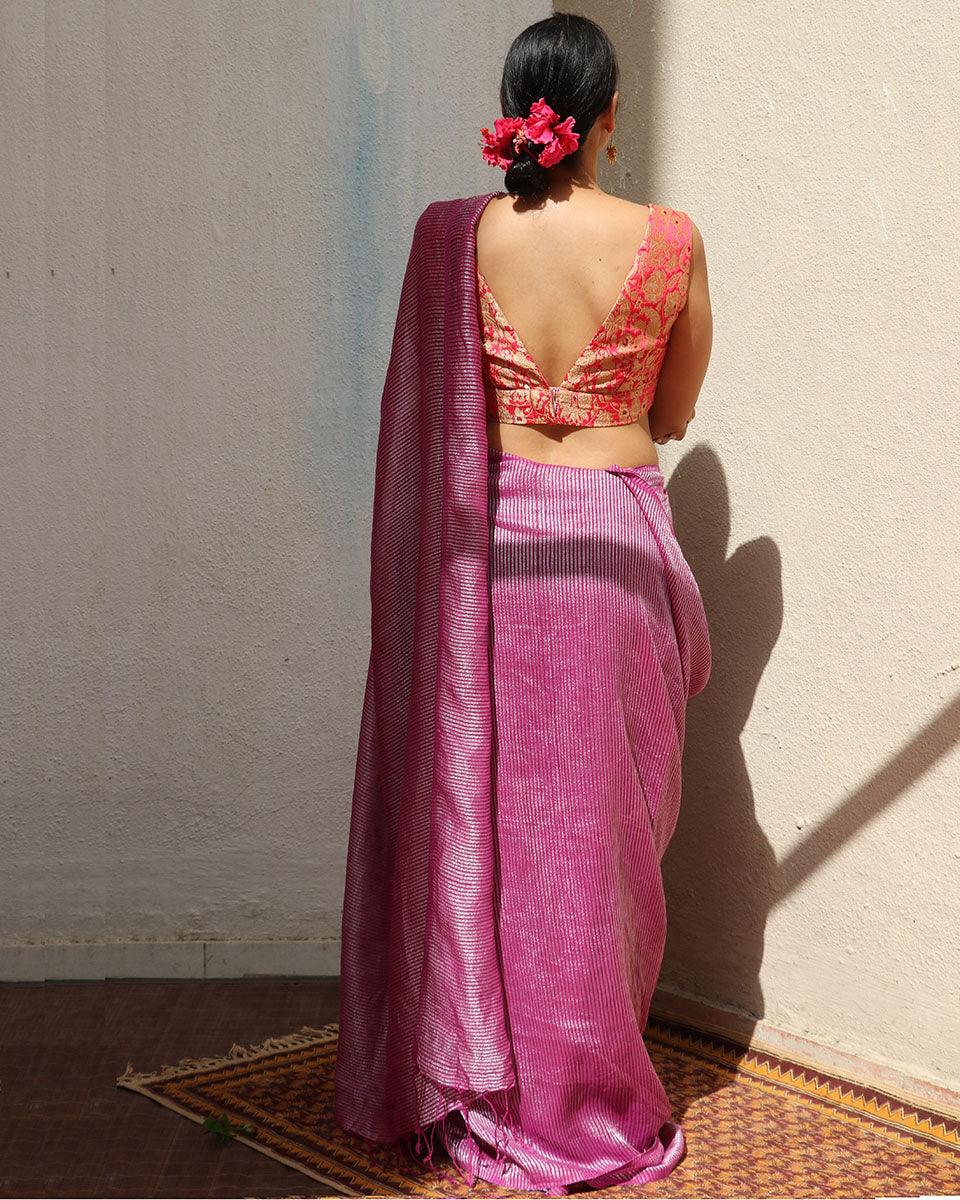 Madhumayi Purple Handwoven Linen Zari Saree - TOG - Image 6