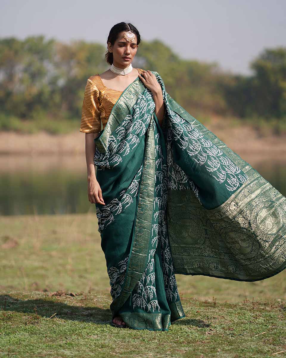 Madhurima Green Block printed Dola Silk Saree - RB - Image 10