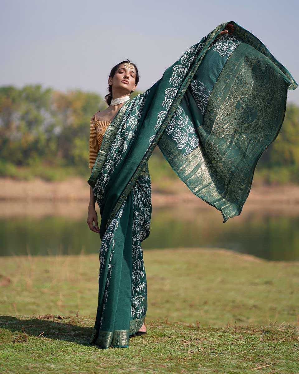 Madhurima Green Block printed Dola Silk Saree - RB - Image 6
