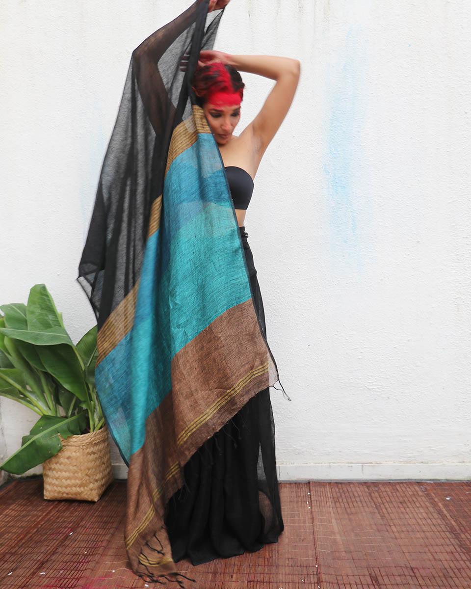 Mahamaya Black Handwoven Linen Saree - Kaali - Image 3