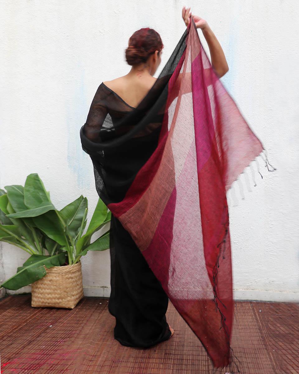 Maheshwari Black Handwoven Linen Saree - Kaali - Image 10