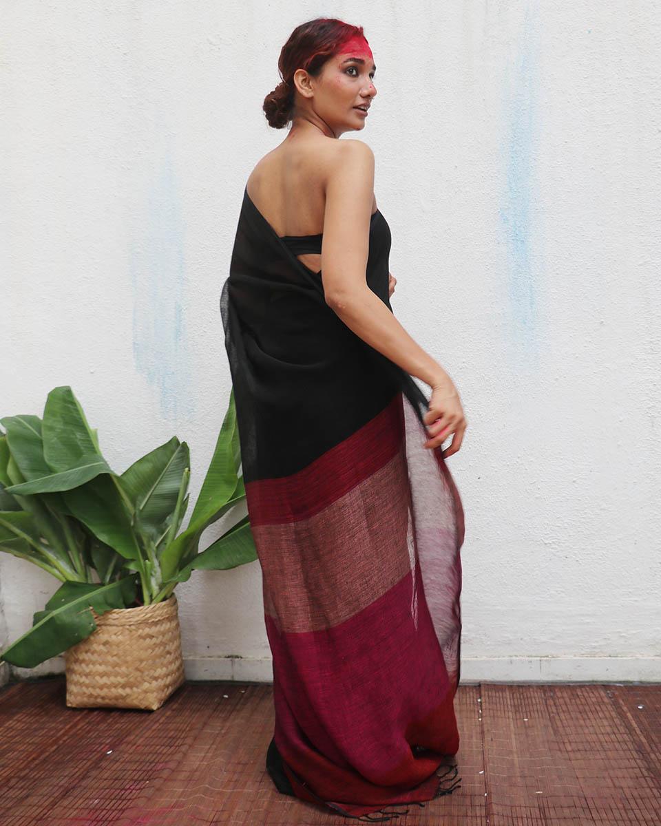 Maheshwari Black Handwoven Linen Saree - Kaali - Image 4