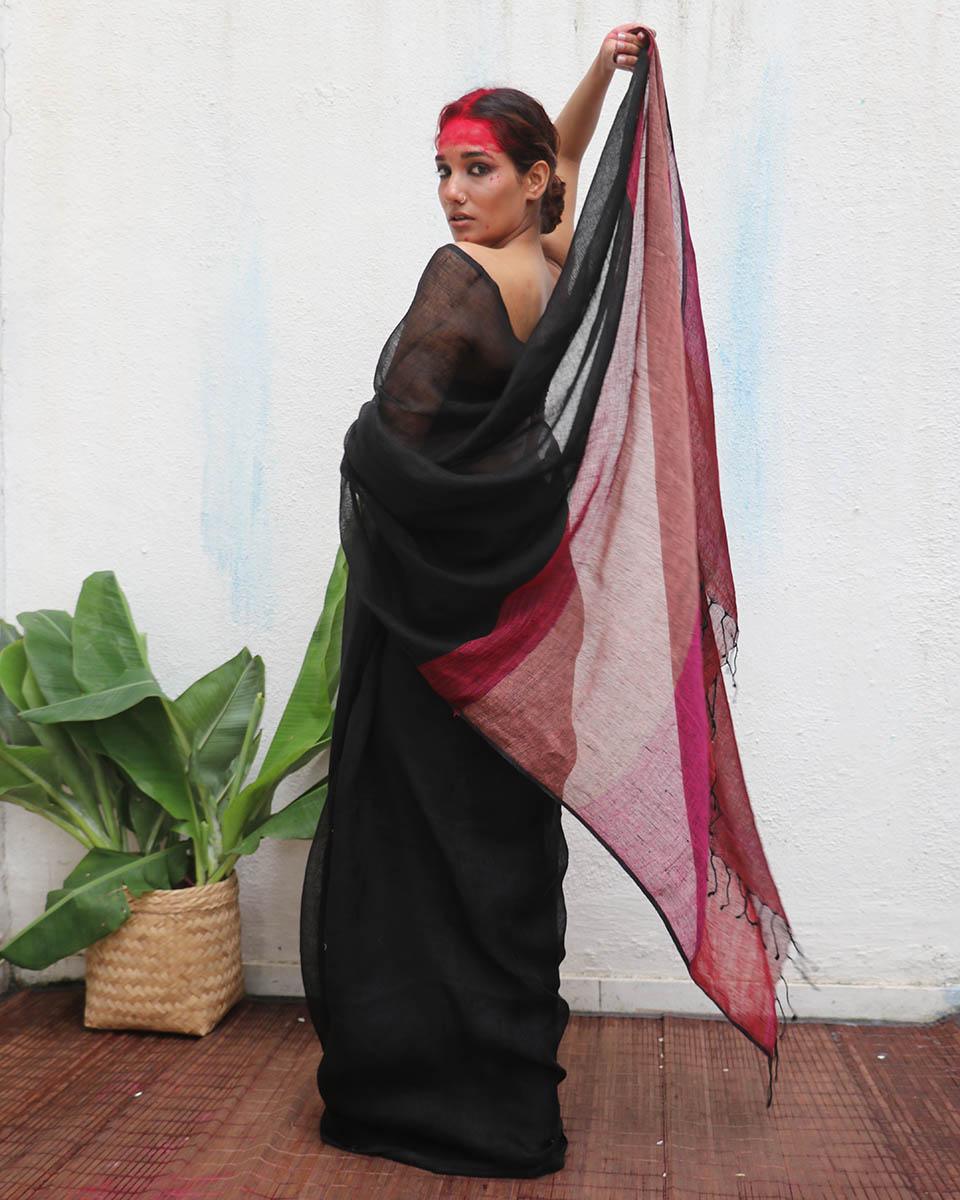 Maheshwari Black Handwoven Linen Saree - Kaali - Image 5