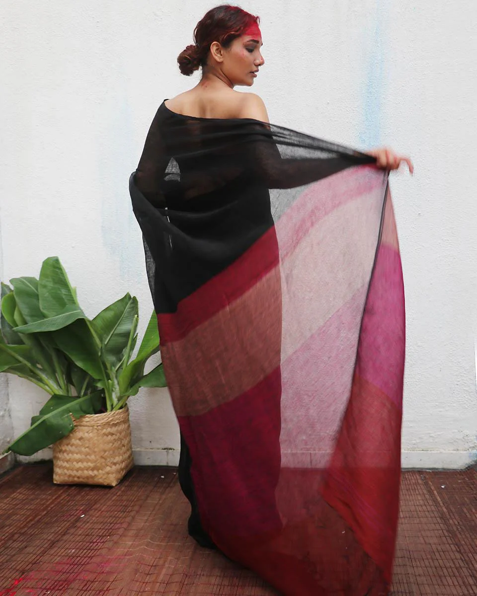 Maheshwari Black Handwoven Linen Saree - Kaali - Image 6
