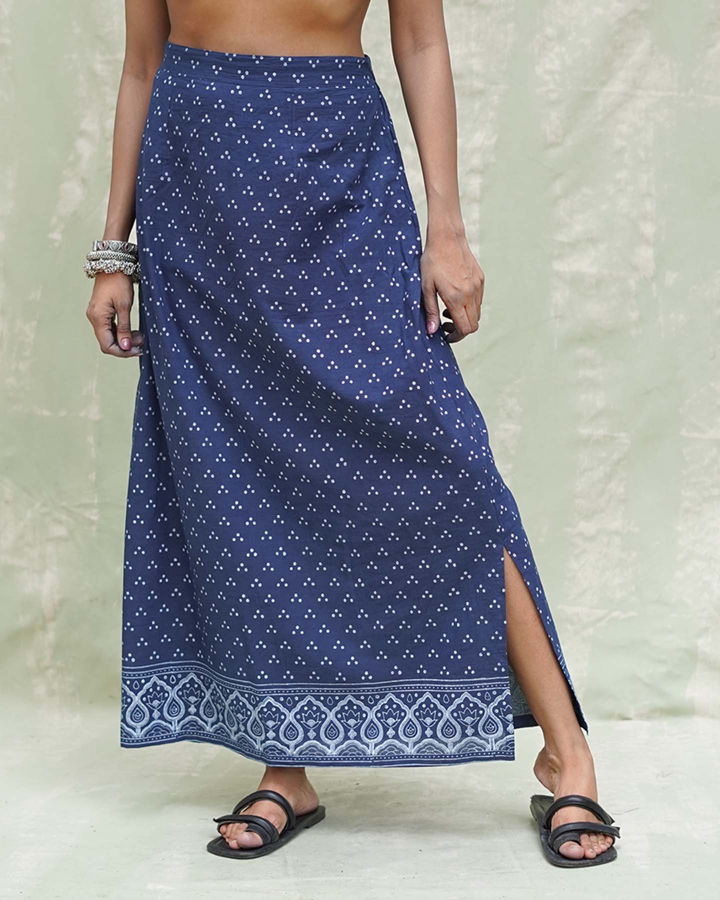 Malati Blue Handblock Print Cotton Skirt - INDI - Image 5