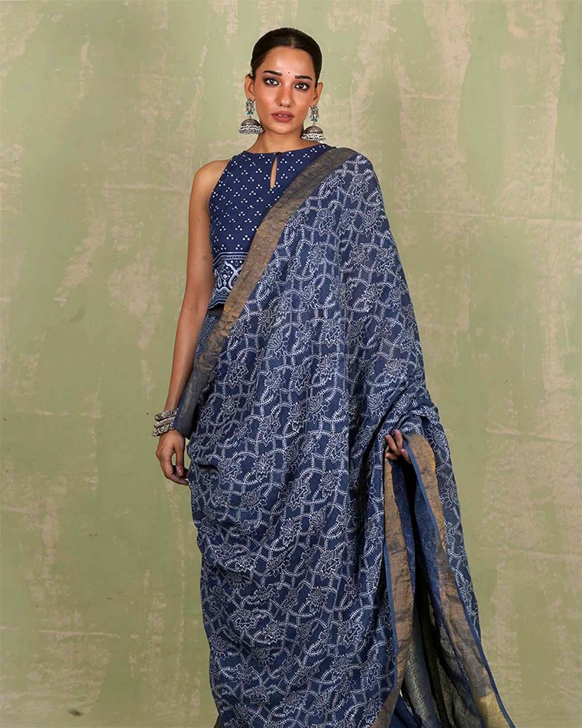 Malavi Blue Handblock Print Linen Saree - INDI - Image 2