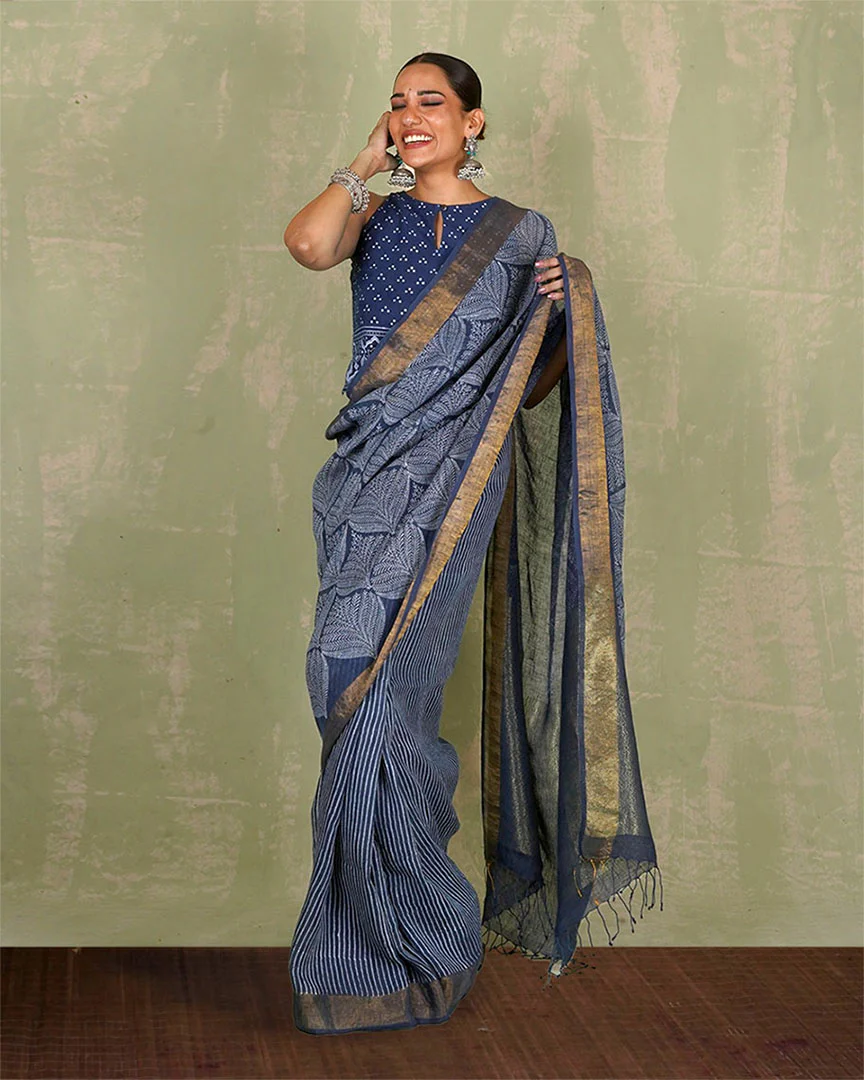 Malhari Blue Handblock Print Linen Saree - INDI - Image 10