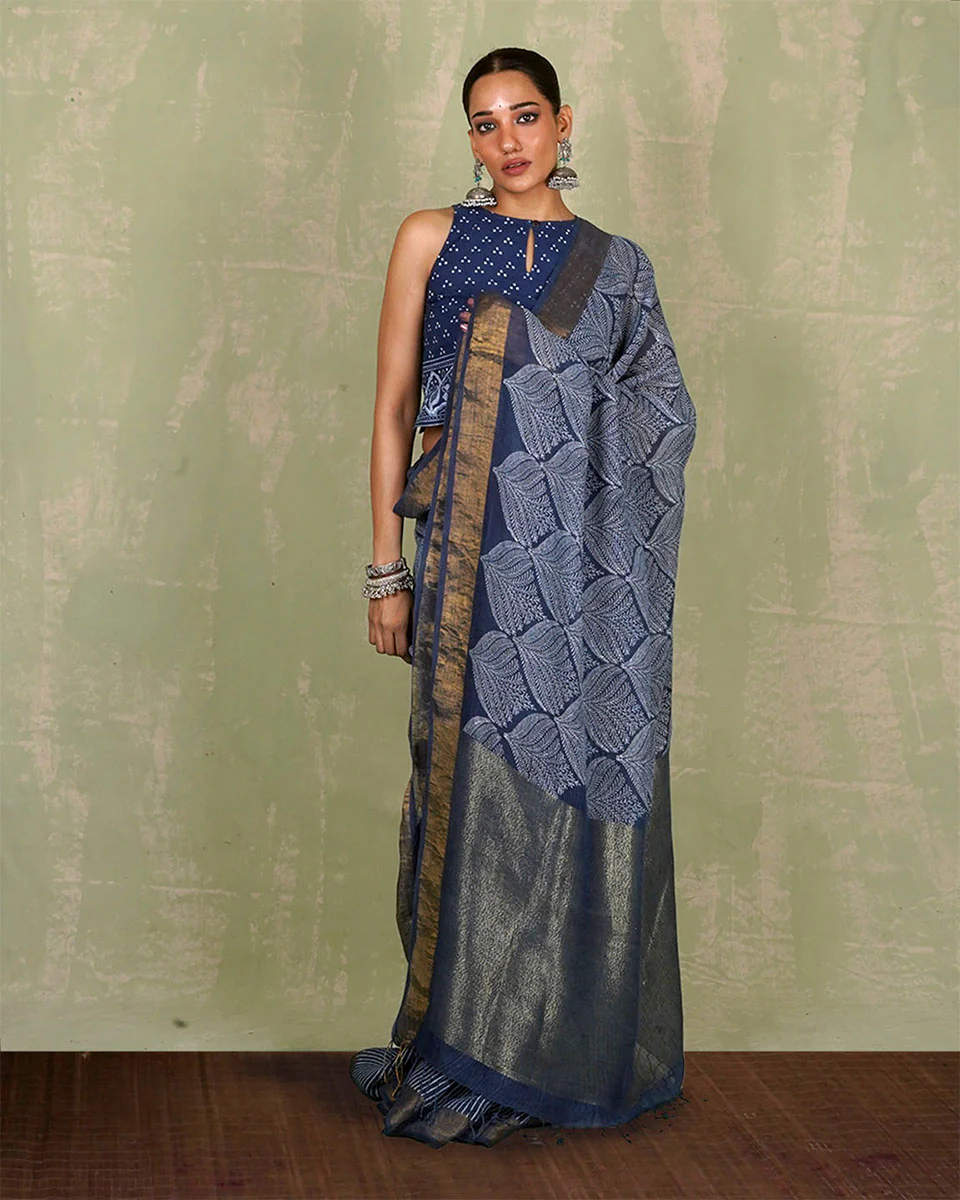 Malhari Blue Handblock Print Linen Saree - INDI - Image 11