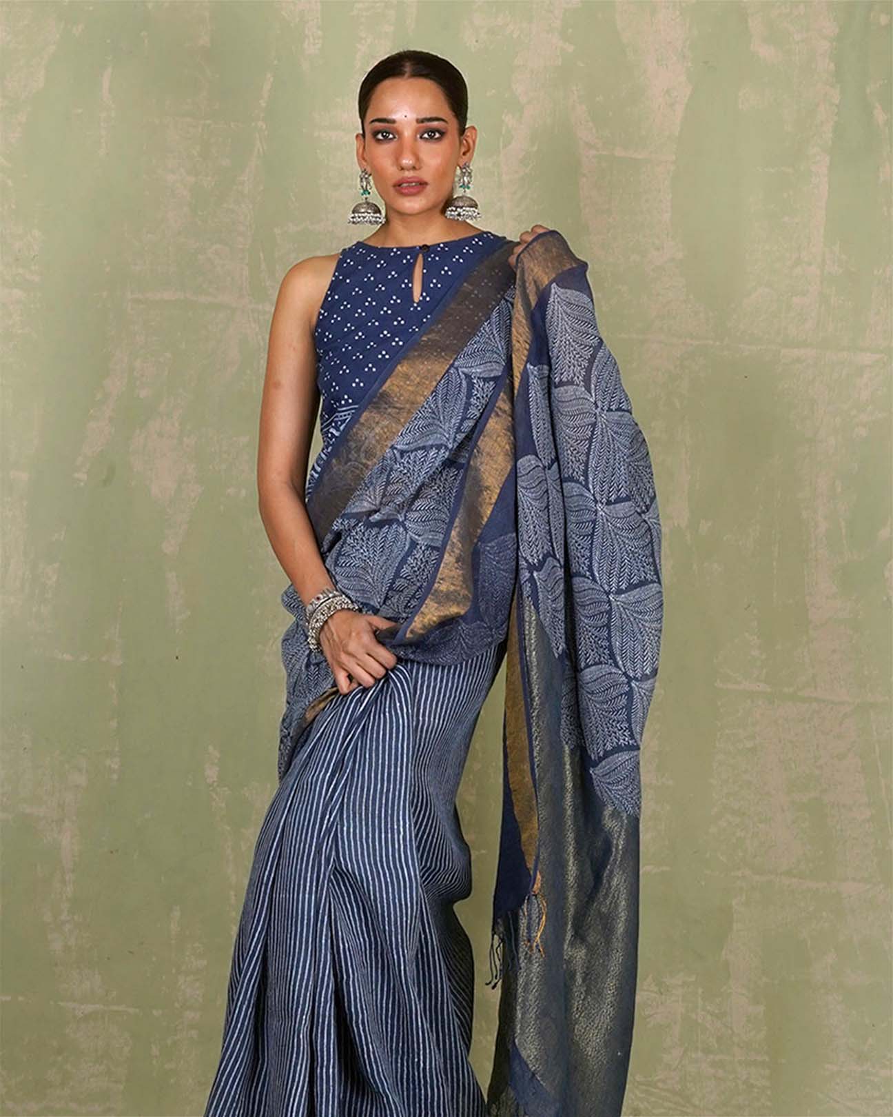 Malhari Blue Handblock Print Linen Saree - INDI - Image 2