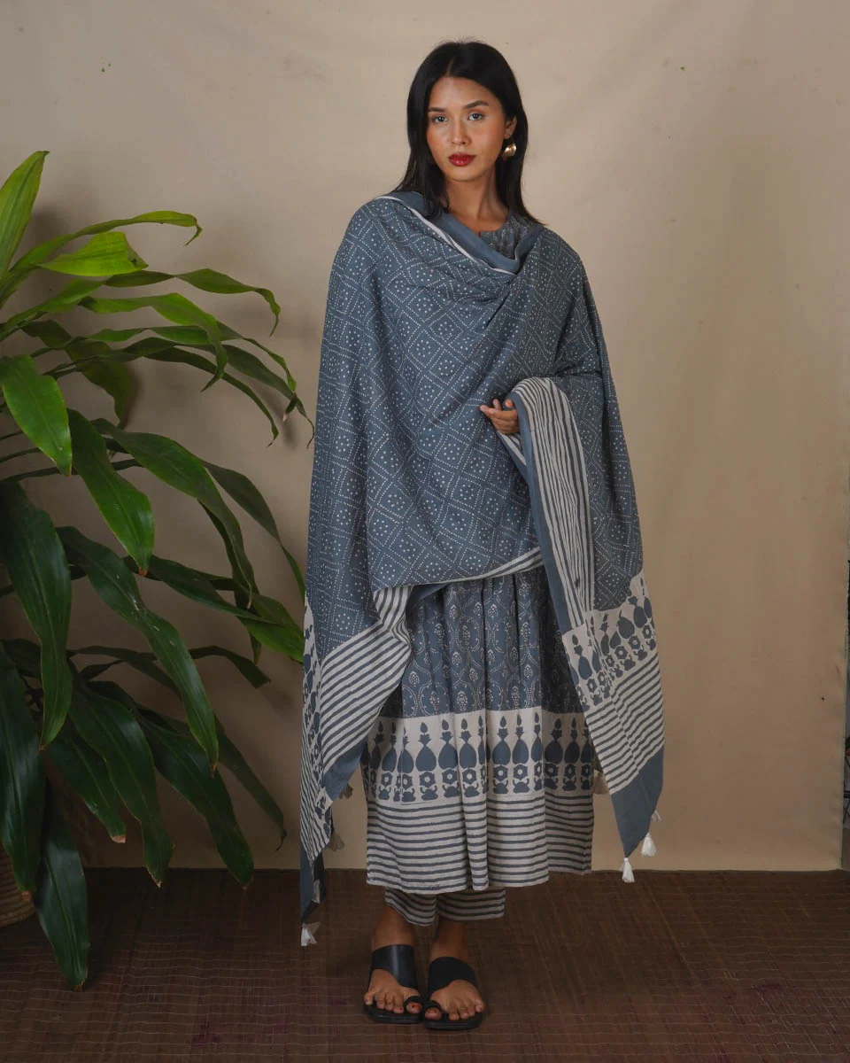 Marble Sigh Grey Block Printed Dupatta - BMS - Image 3