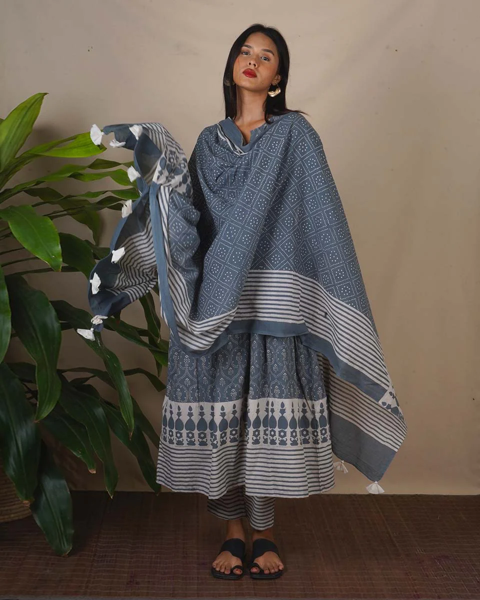 Marble Sigh Grey Block Printed Dupatta - BMS - Image 4