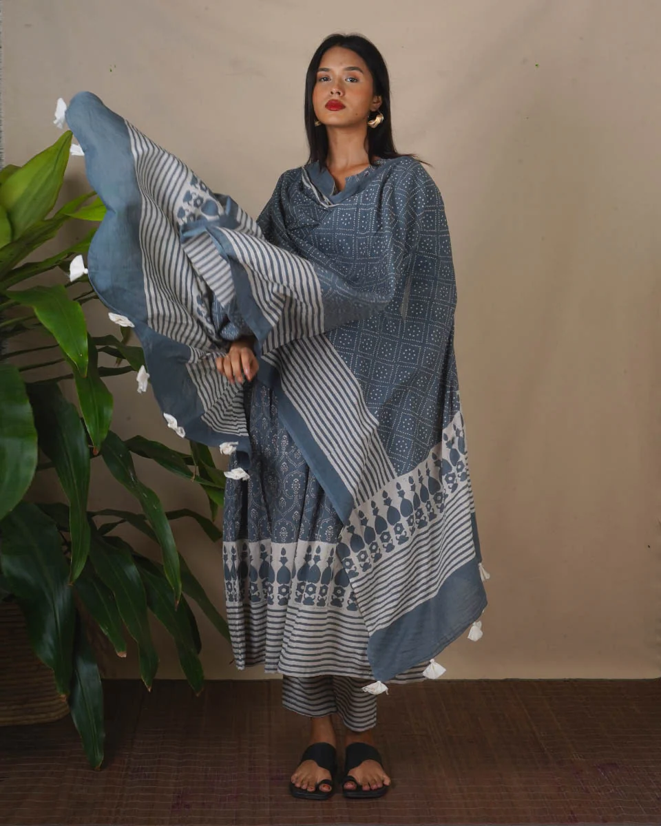 Marble Sigh Grey Block Printed Dupatta - BMS - Image 5