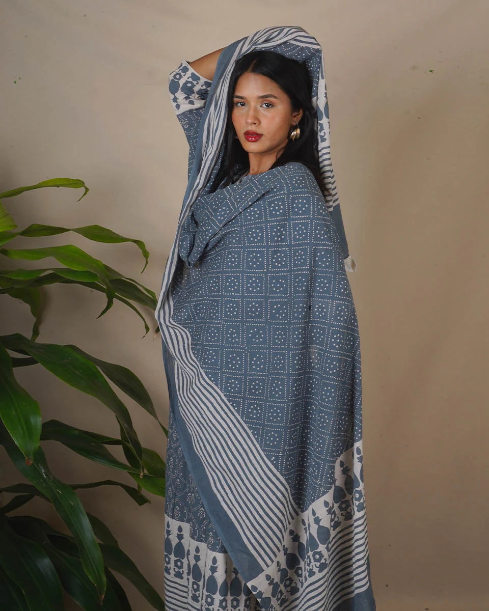 Marble Sigh Grey Block Printed Dupatta - BMS - Image 6