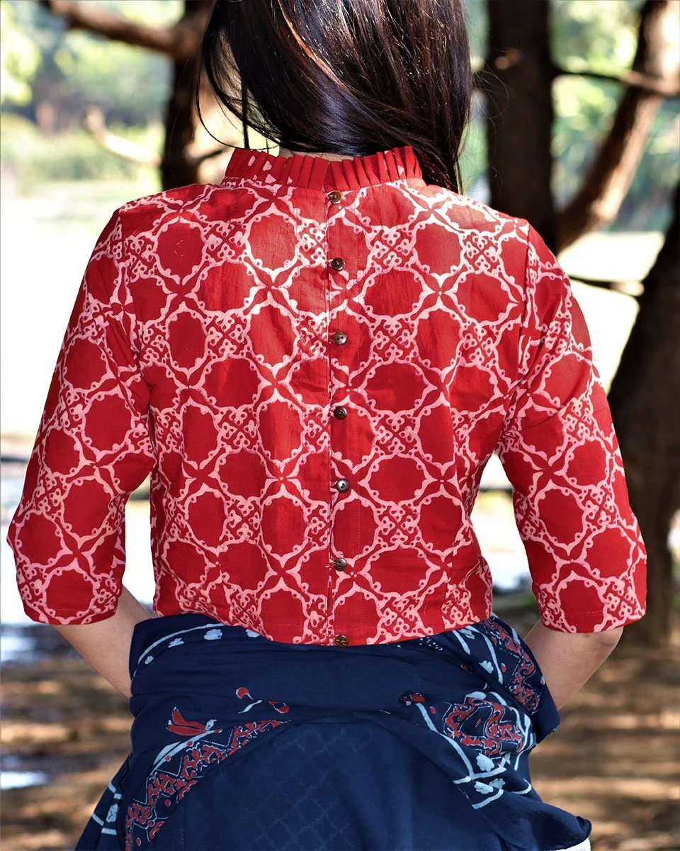 Maroon Blockprinted Cotton Crop Top Blouse With Frills - Image 2