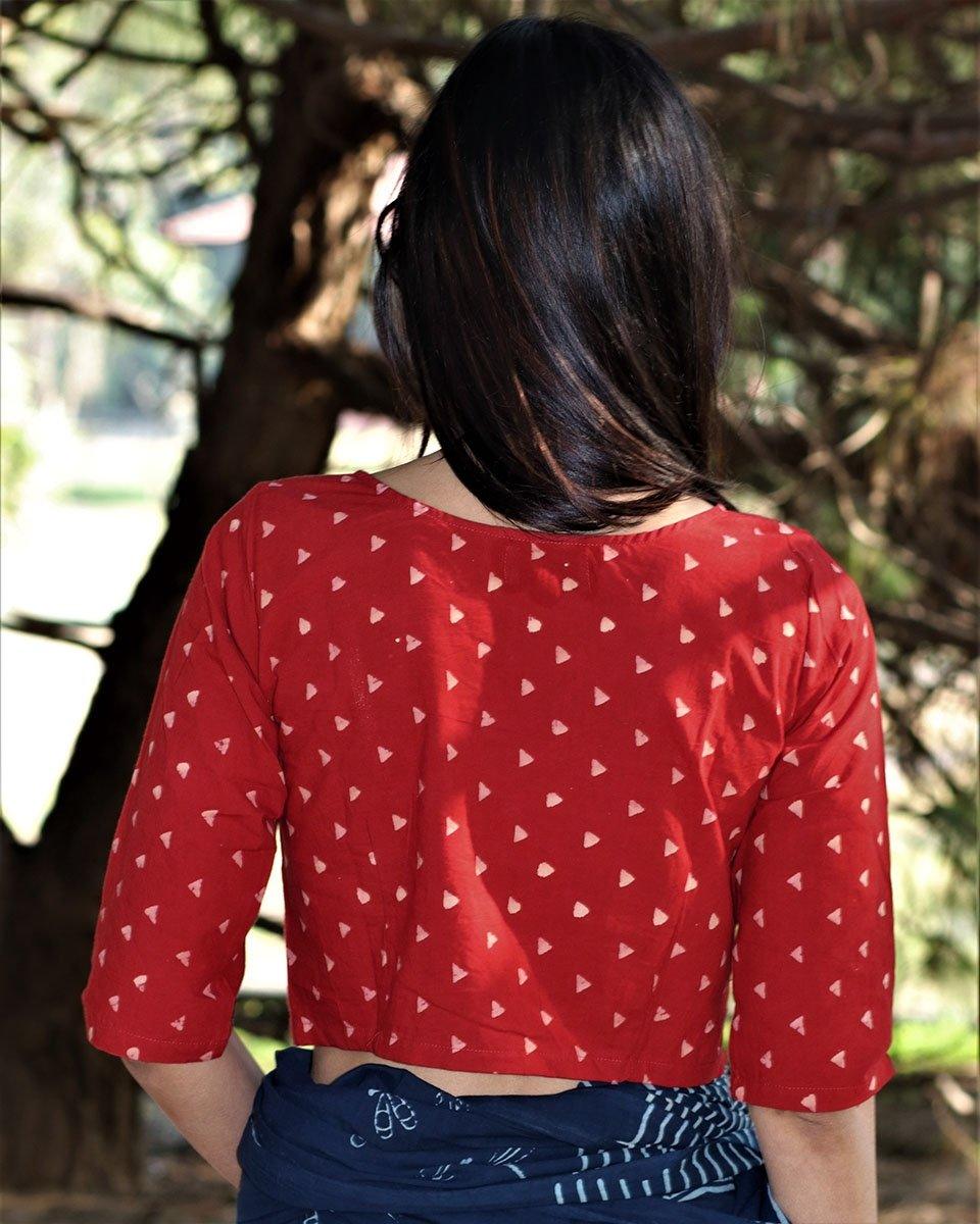 Maroon Blockprinted Crop Top Cotton Blouse - Image 3
